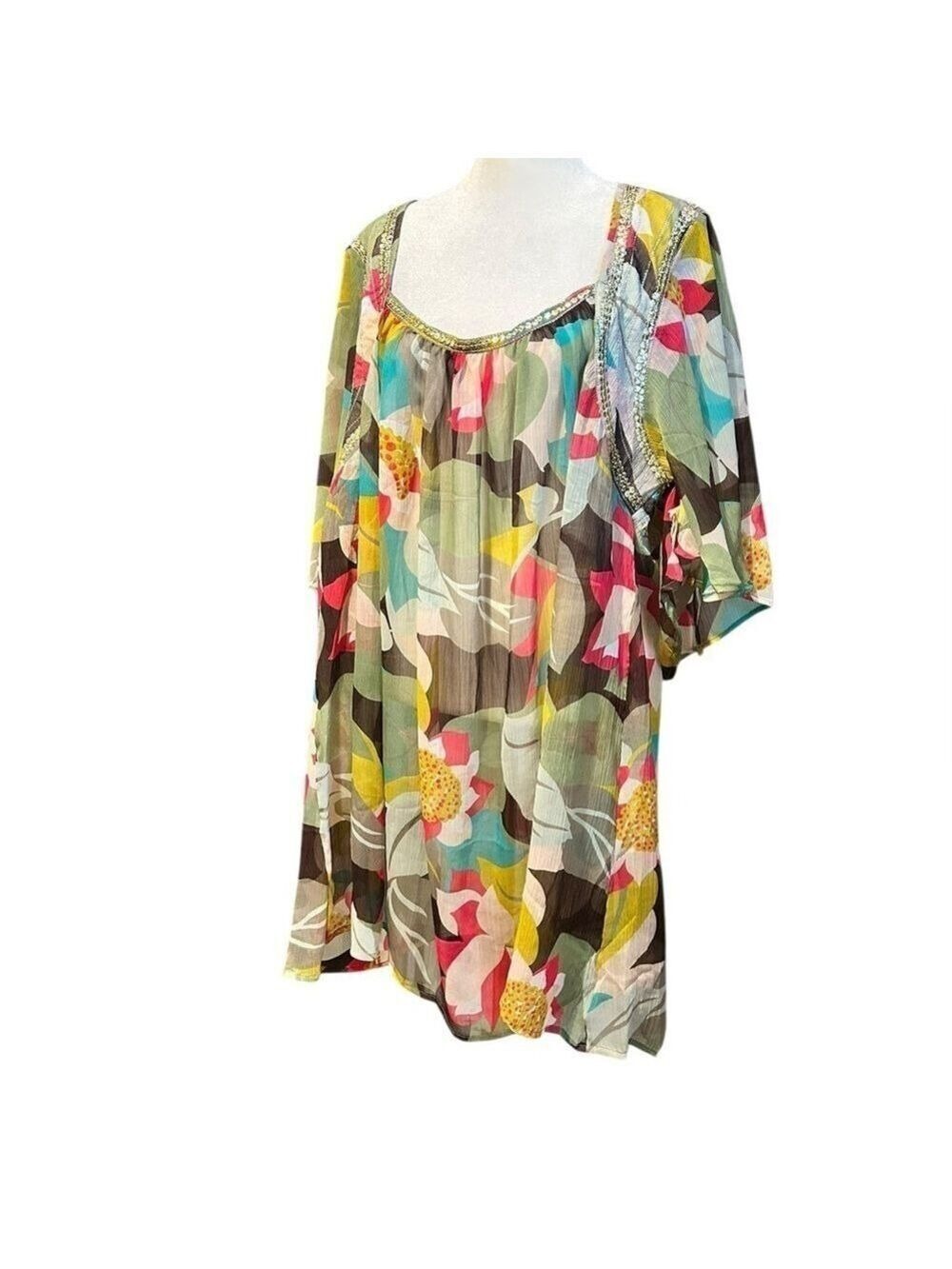 CZ Swim Cover Up Flutter Sleeves Sequins Sheer Abstract New with Tags Plus Sz 3X